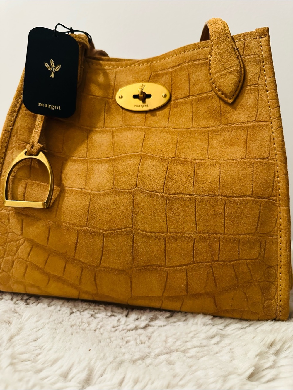 margot Mustard Croc-Embossed Suede Shoulder Tote with Gold Hardware